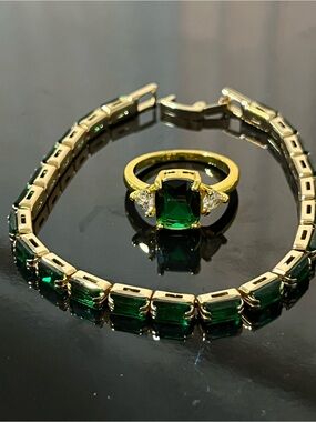 14k Gold Plated Emerald Green Tennis Bracelet and Ring Set